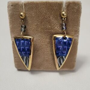 Vintage Unsigned Gold Tone Ceramic Enameled Blue Bohemian Style Stud Earrings